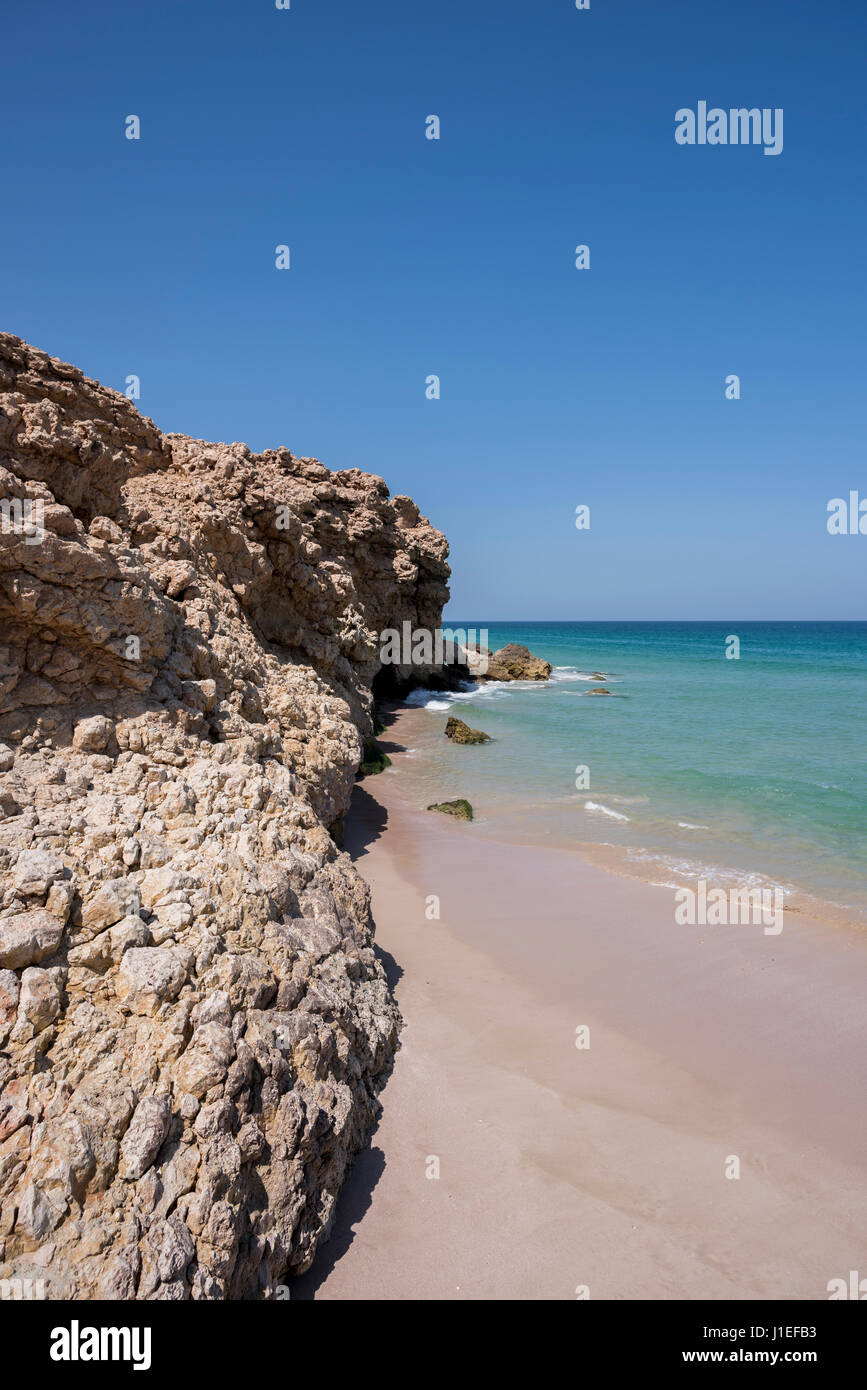 Beach and cliff at the coast of Ras Al Jinz, Sultanate of Oman. Vertical shot with copy space in the clear blue sky Stock Photo