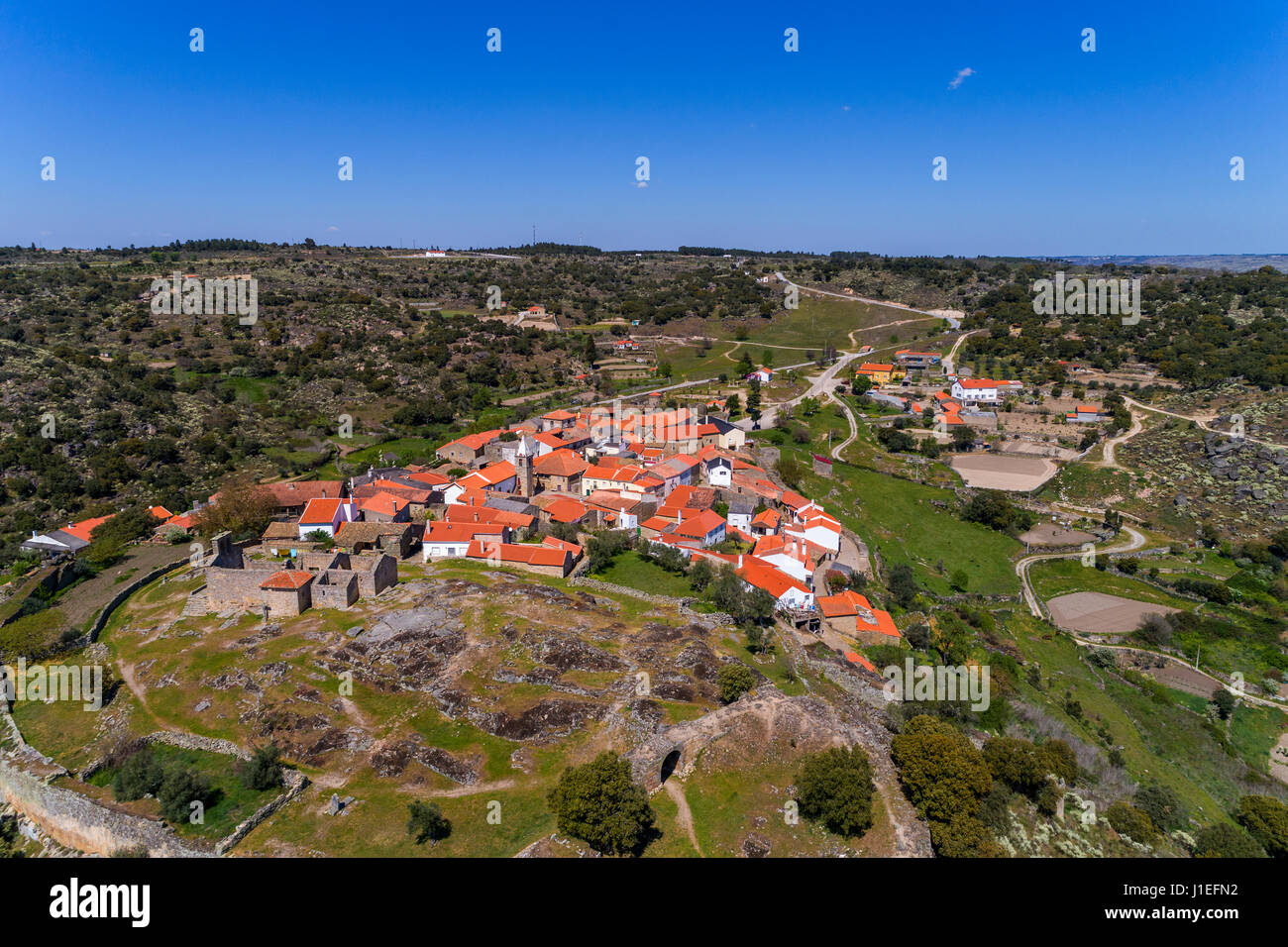 Aerial view of the historic village of Castelo Mendo in Portugal; Concept for travel in Portugal Stock Photo