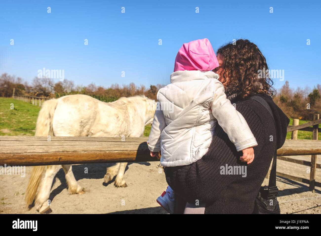 Father and little baby daughter look at horses in a ranch Stock Photo