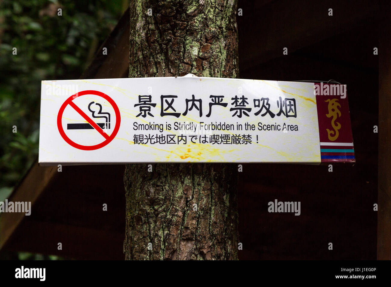 Guizhou Province, China.  Multilingual No Smoking Sign, Yellow Fruit Tree (Huangguoshu) Waterfall Scenic Area. Stock Photo
