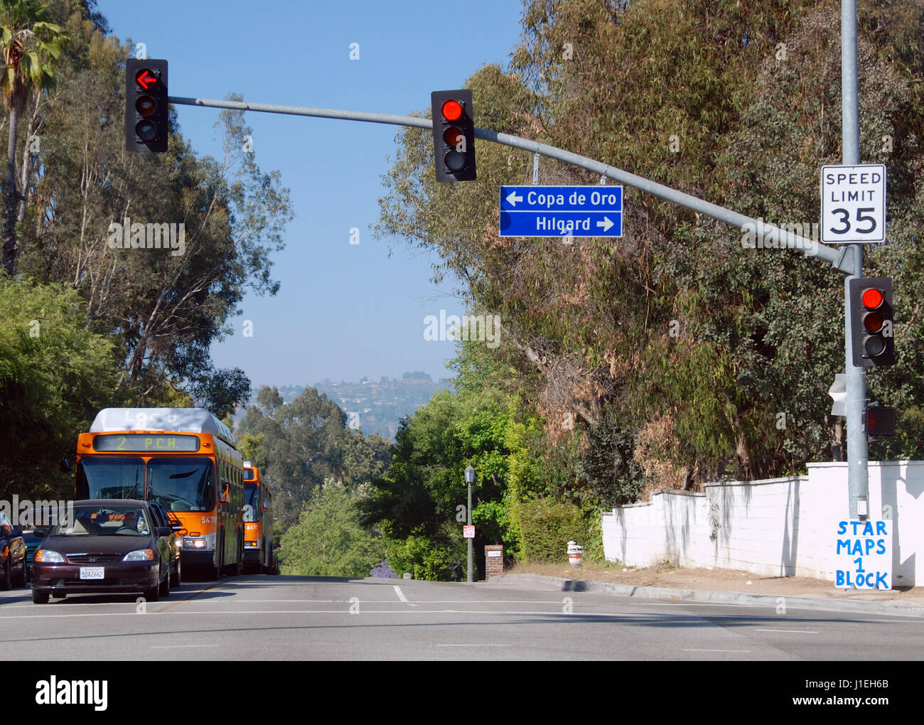 Sunset Blvd intersection with Copa de Oro and Hilgard, West Hollywood, Los Angeles, California, USA Stock Photo