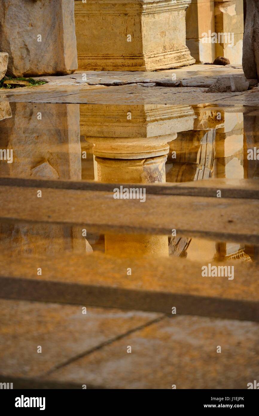 Water reflection Interior of the Library of Celsus Stock Photo
