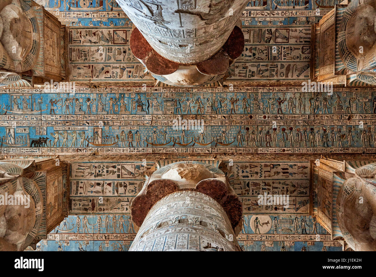 ceiling with colored stone carving, hieroglyphs  and columns of Hathor temple in ptolemaic Dendera Temple complex, Qena, Egypt, Africa Stock Photo