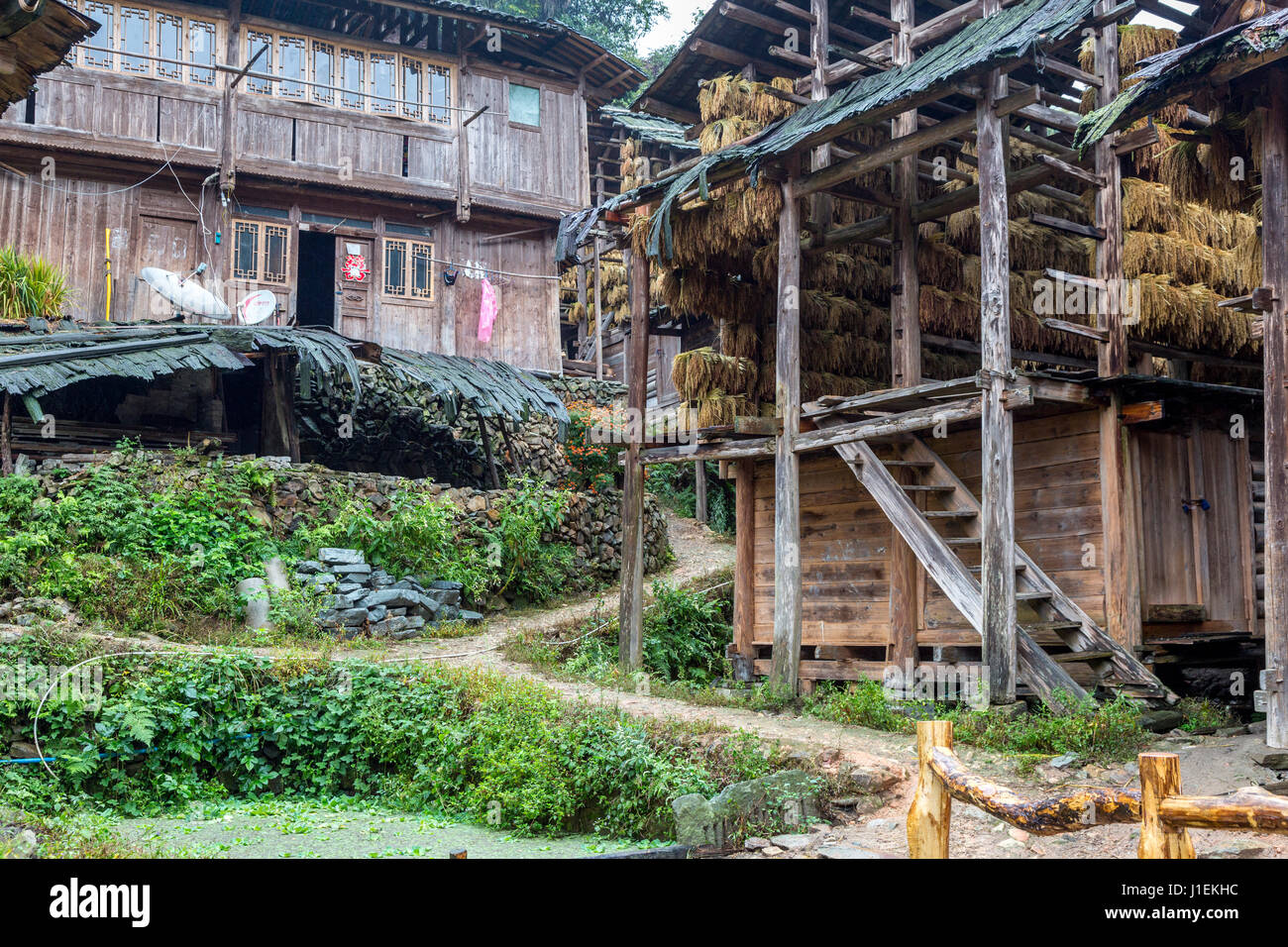 Huanggang, Guizhou, China.  Typical Dong House with Rice Drying in a Dong Ethnic Village.  Note two satellite dishes. Stock Photo