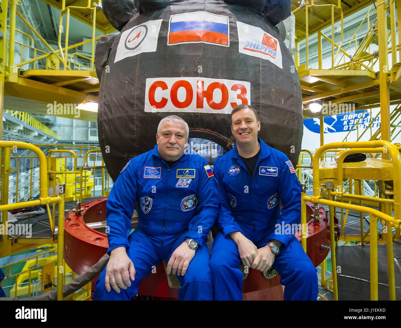 NASA International Space Station Expedition 51 prime crew members Russian cosmonaut Fyodor Yurchikhin of Roscosmos (left) and American astronaut Jack Fischer pose in front of their Soyuz MS-04 spacecraft during pre-launch preparations at the Baikonur Cosmodrome April 6, 2017 in Baikonur, Kazakhstan.      (photo by Andrey Shelepin /NASA   via Planetpix) Stock Photo