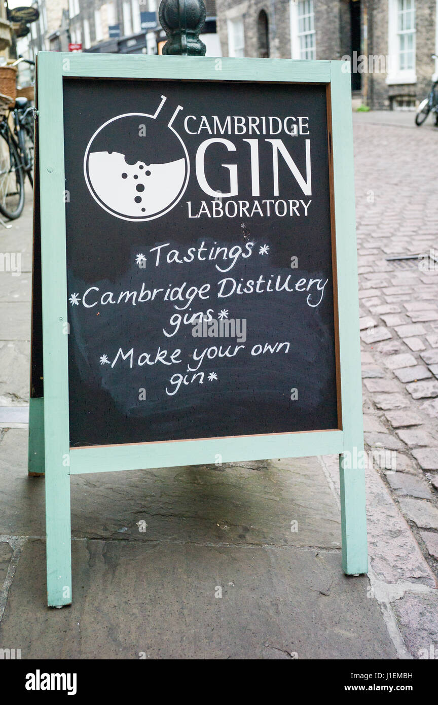 Sign outside of the tasting rooms of the Cambridge Gin Laboratory in Green Street in the historic centre of Cambridge UK. Stock Photo