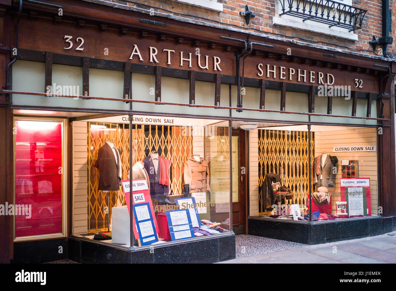 Arthur Shepherd, traditional clothes shop, closing down due to retirement. The shop is based in Trinity Lane in the historic centre of Cambridge UK. Stock Photo