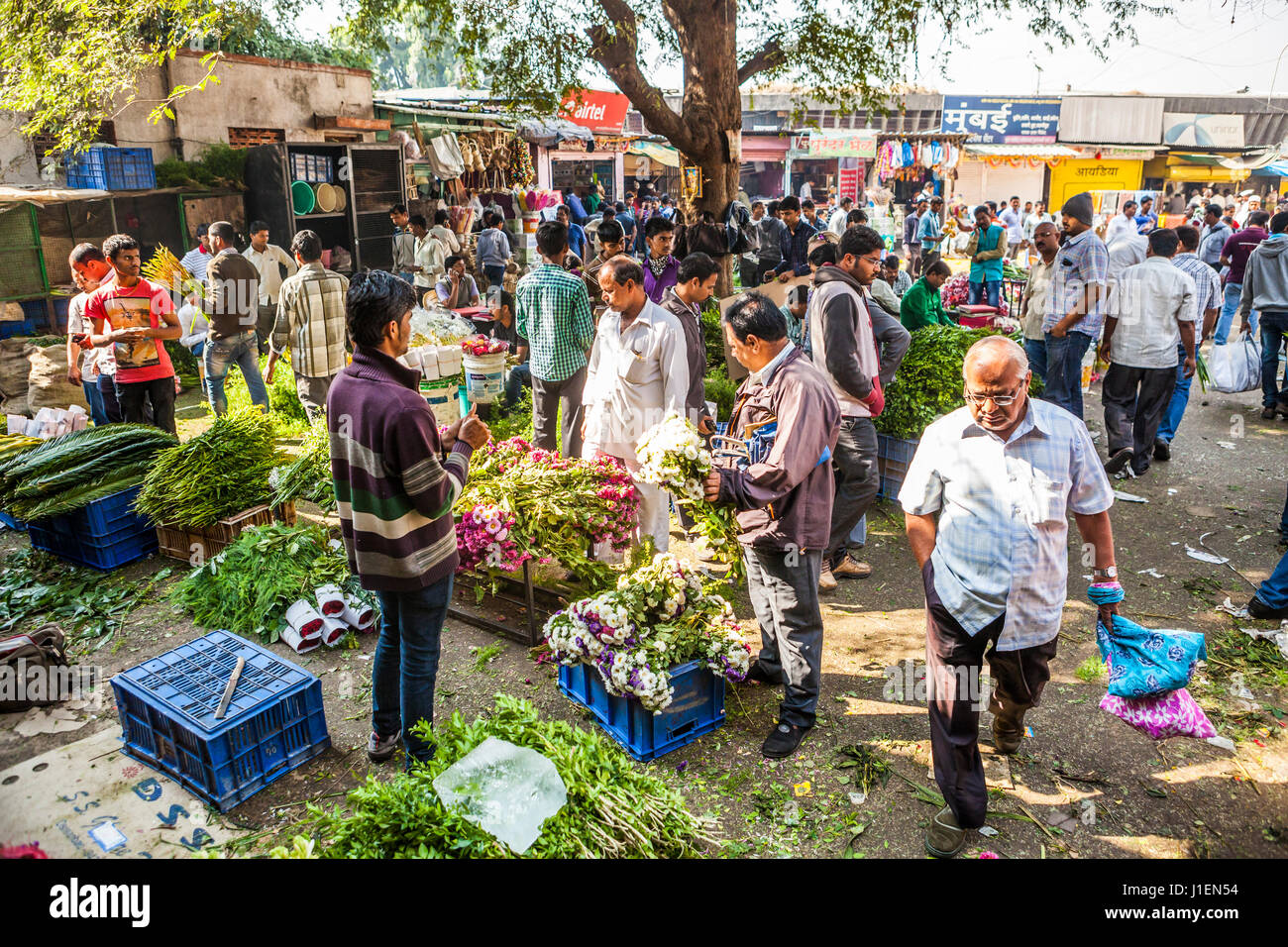 An outdoor area at a flower market in Pune, India. Stock Photo