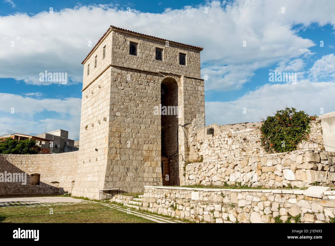 Stone tower in Pag town, Pag island, Croatia Stock Photo