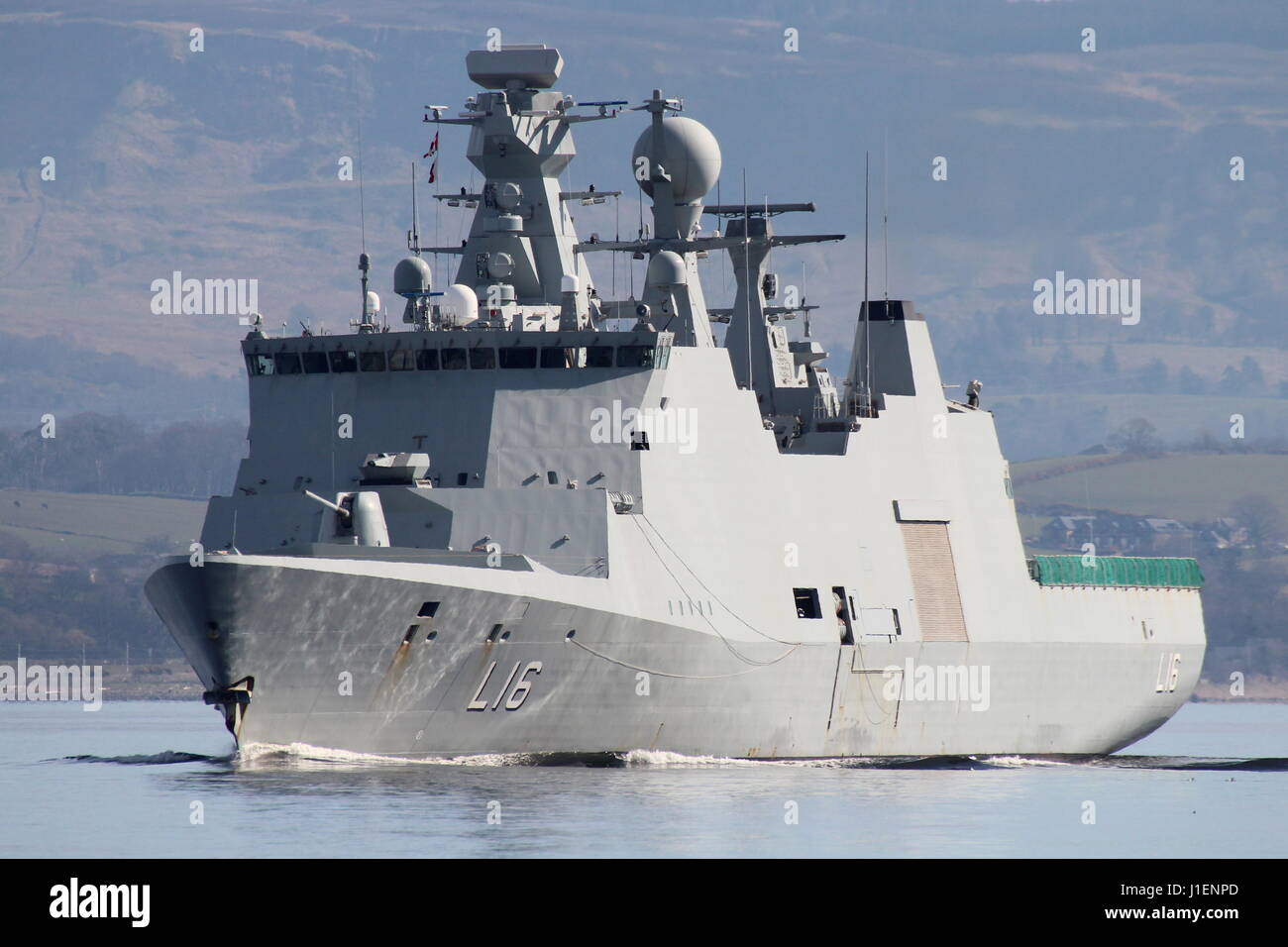 KDM Absalon (L16), an Absalon-class command and support vessel of the Royal Danish Navy, passing Greenock at the start of Exercise Joint Warrior 17-1. Stock Photo