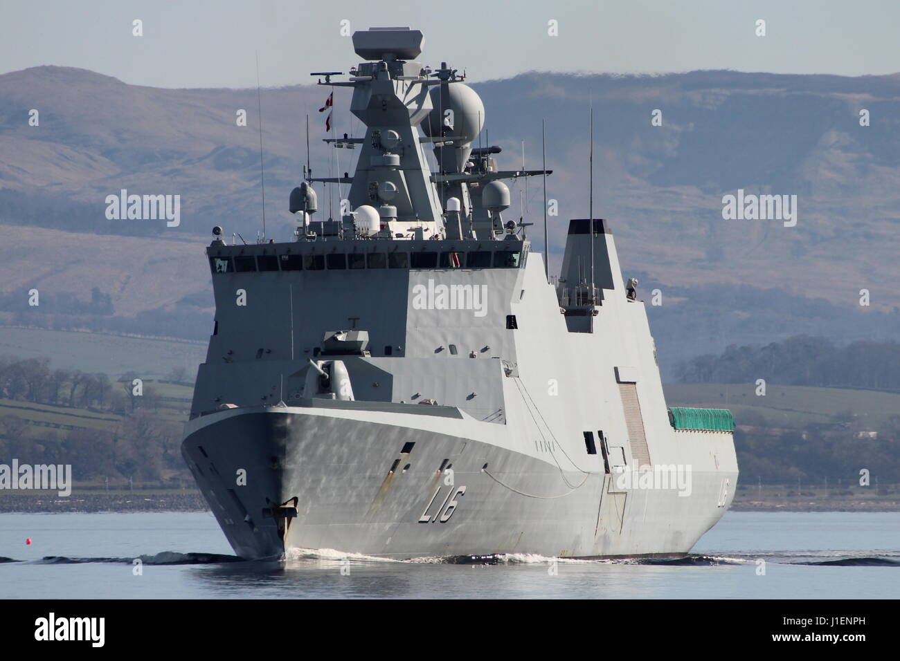 KDM Absalon (L16), an Absalon-class command and support vessel of the Royal Danish Navy, passing Greenock at the start of Exercise Joint Warrior 17-1. Stock Photo