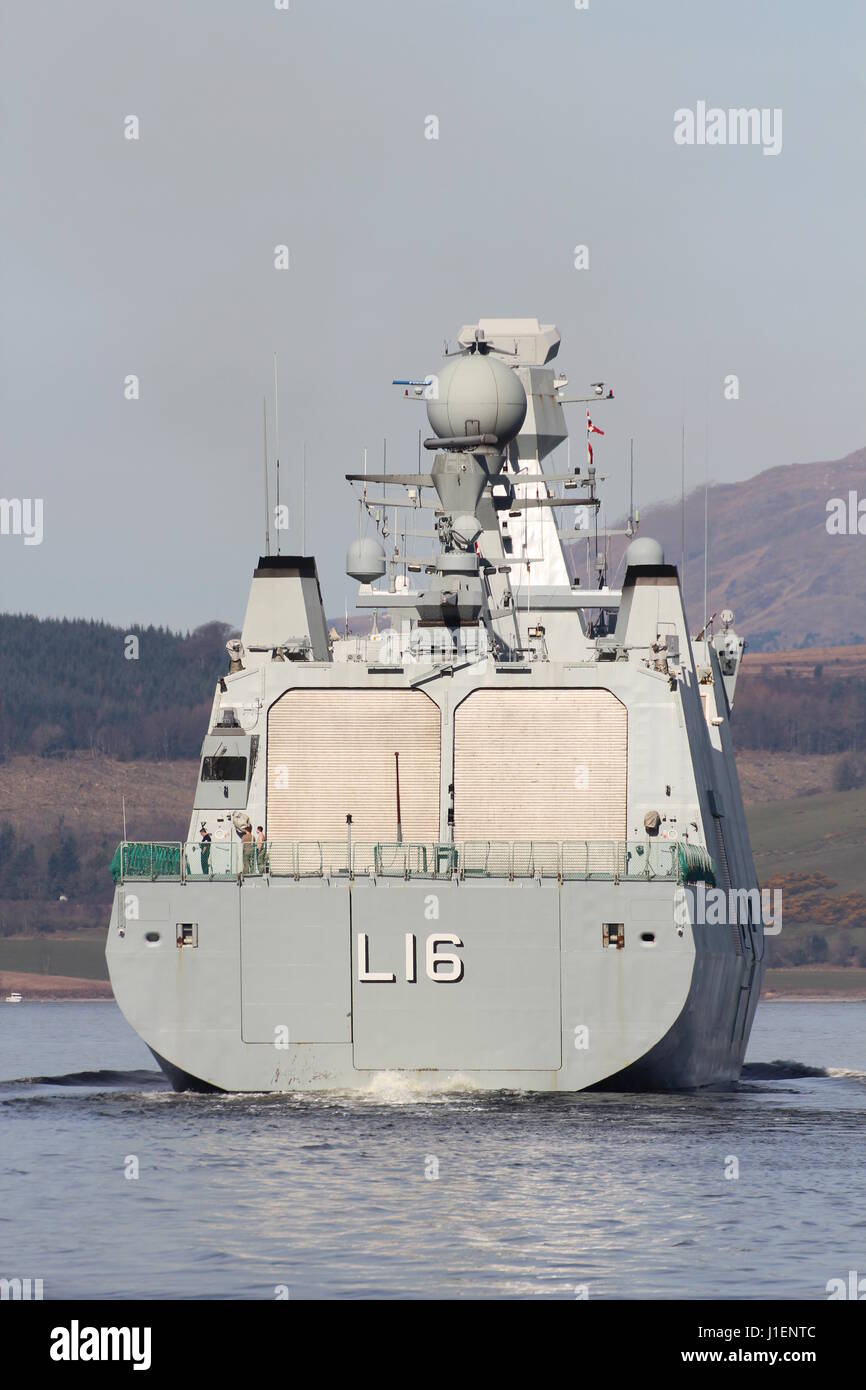 KDM Absalon (L16), an Absalon-class command and support vessel of the Royal Danish Navy, passing Greenock at the start of Exercise Joint Warrior 17-1. Stock Photo