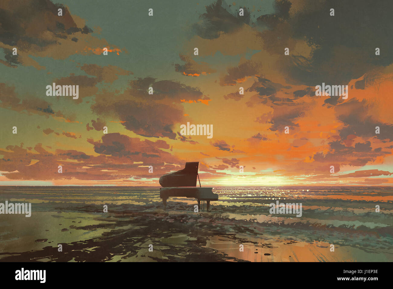 surreal painting of melting black piano on the beach at sunset, illustration art Stock Photo