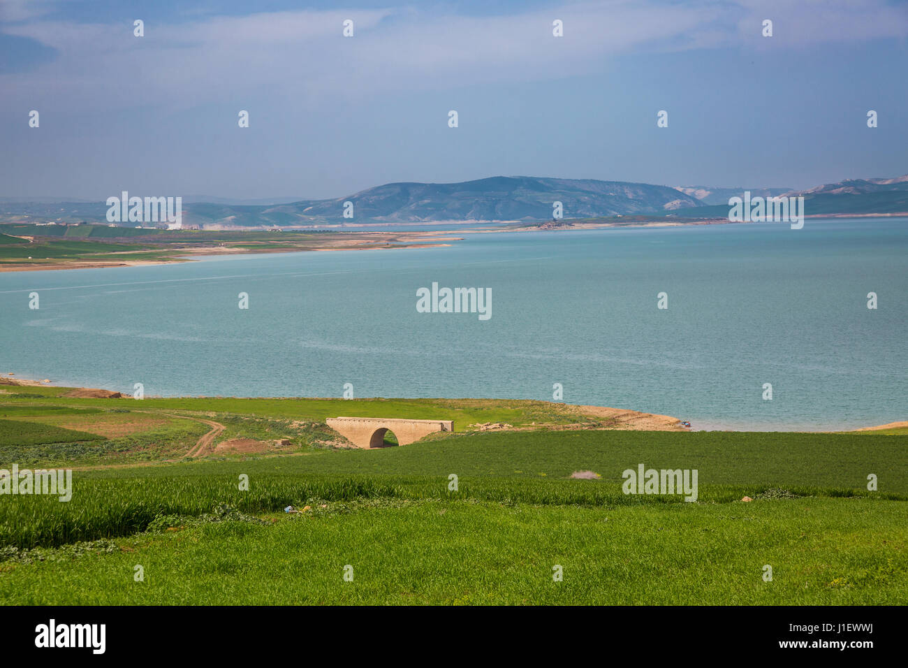 Spring landscape around the water reservoir Barrage Idriss, Morocco Stock Photo