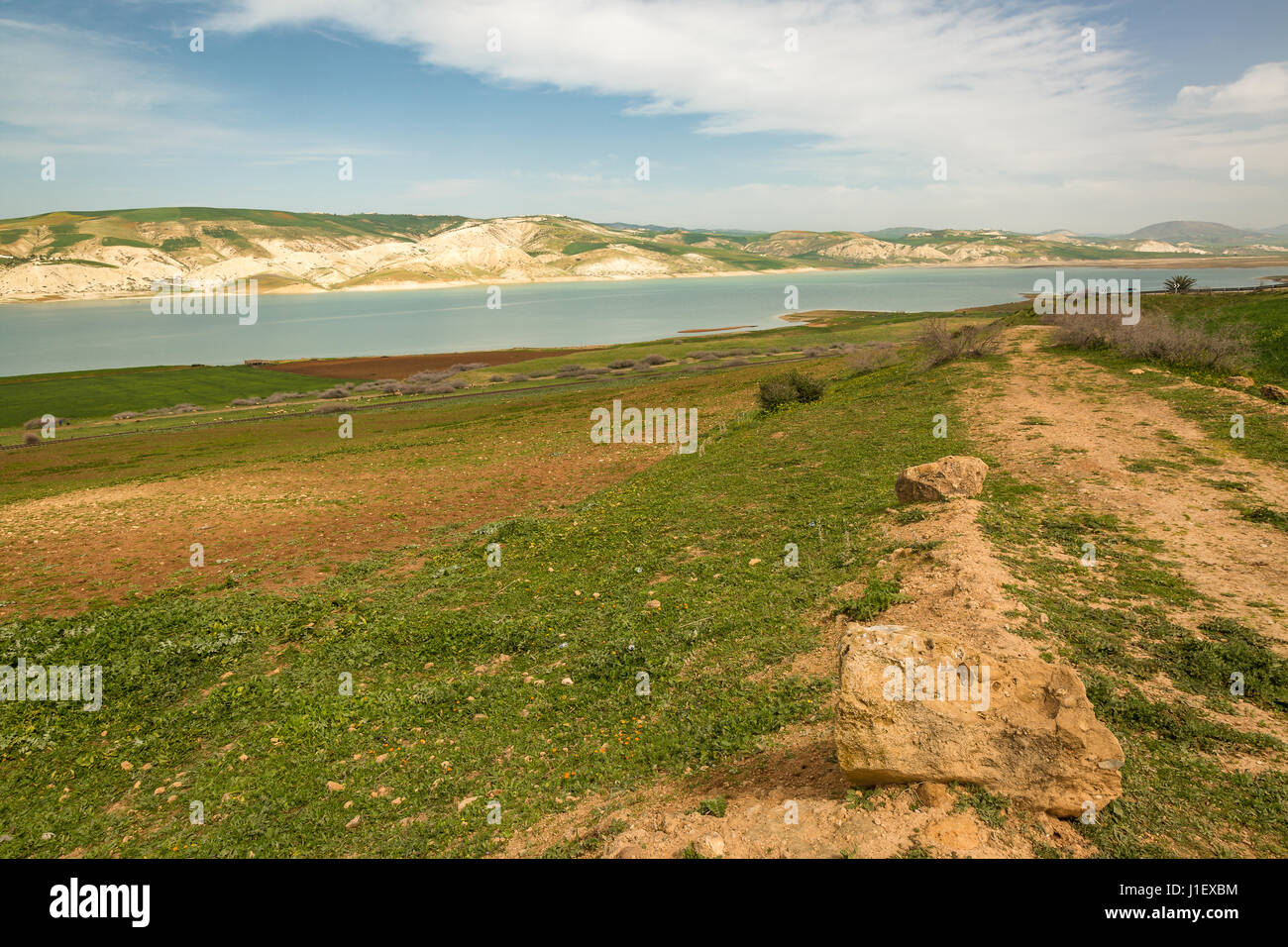 Spring landscape around the water reservoir Barrage Idriss, Morocco Stock Photo