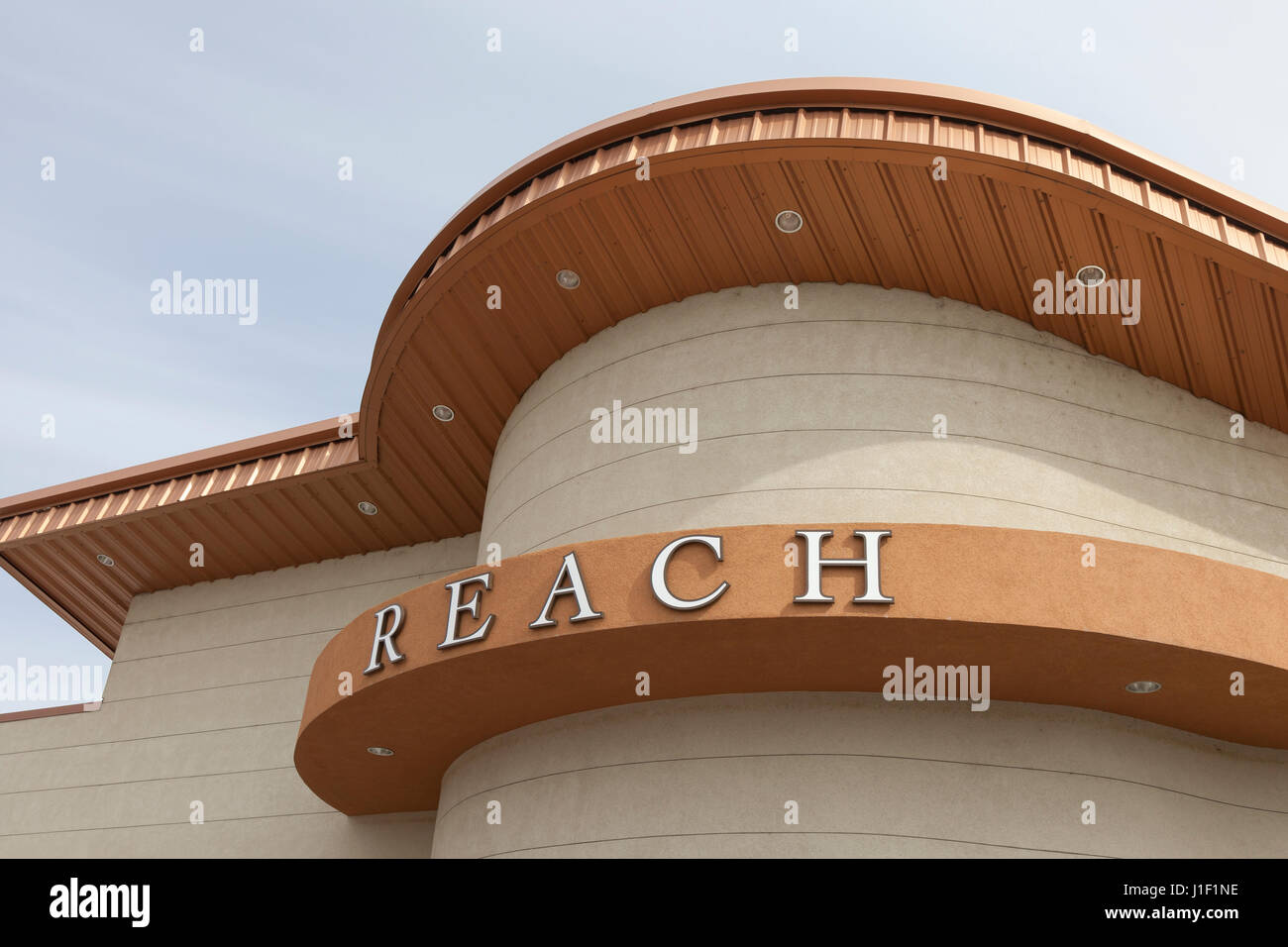 Richland, Washington: The entry façade of the Reach Museum. Also known as the Hanford Reach Interpretive Center, the museum is the visitor center for  Stock Photo