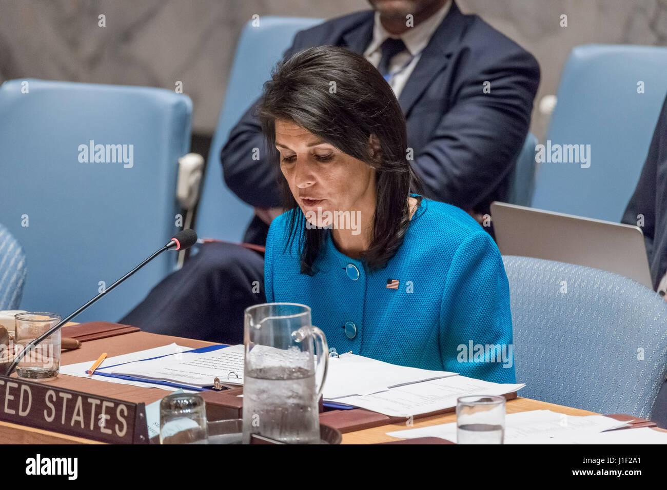 New York, USA. 20th Apr, 2017. US Permanent Representative to the UN Ambassador Nikki Haley is seen offering remarks to the Council in her national capacity. The United Nations Security Council convened an open debate on the 'the situation in the Middle East, including the Palestinian question.” At the debate preside over by US Ambassador to the UN Nikki Haley, Council members heard a briefing from Nikolay Mladenov, the UN Special Coordinator for the Middle East Peace Process. Though monthly meetings on Palestine are a standard item in the Council's programme, upon assuming Presidency of the C Stock Photo
