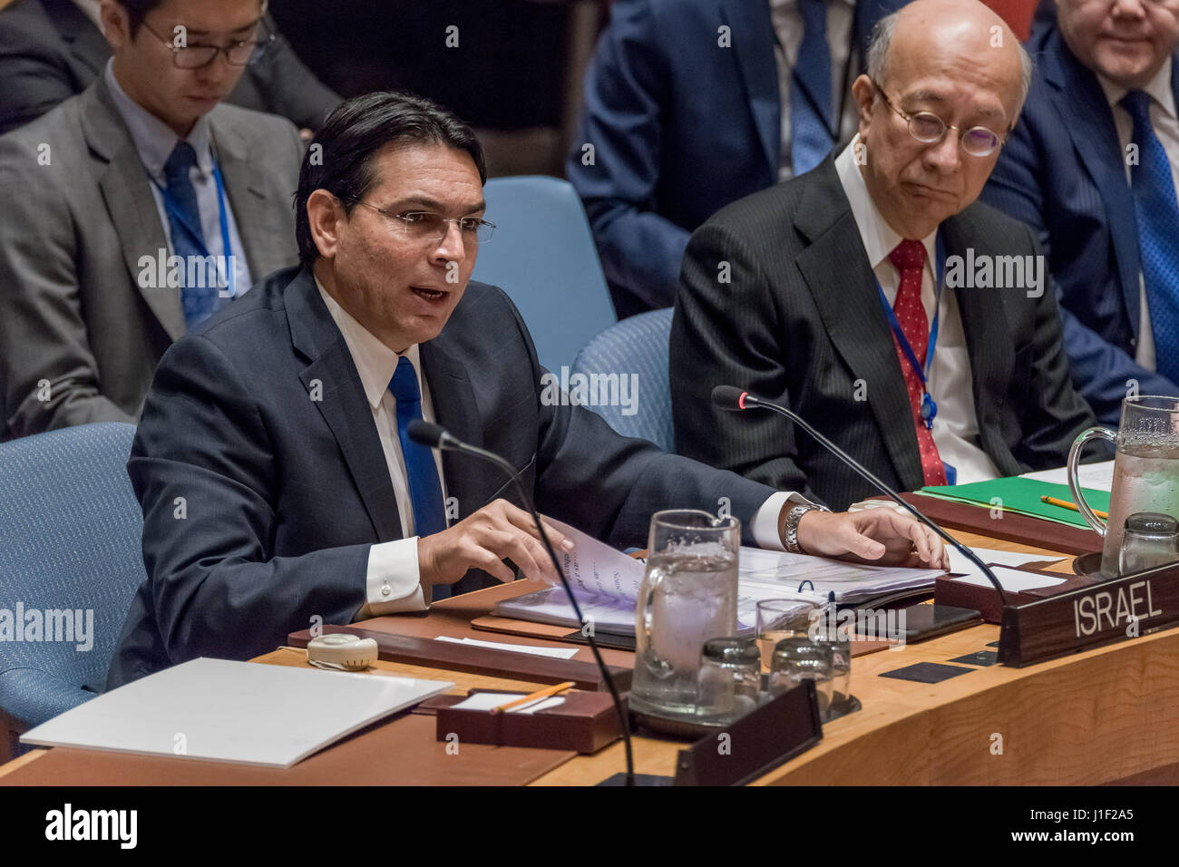 New York, USA. 20th Apr, 2017. Israeli Permanent Representative to the UN Ambassador Danny Danon is seen addressing the Council. The United Nations Security Council convened an open debate on the 'the situation in the Middle East, including the Palestinian question.” At the debate preside over by US Ambassador to the UN Nikki Haley, Council members heard a briefing from Nikolay Mladenov, the UN Special Coordinator for the Middle East Peace Process. Though monthly meetings on Palestine are a standard item in the Council's programme, upon assuming Presidency of the Council at the beginning of Ma Stock Photo