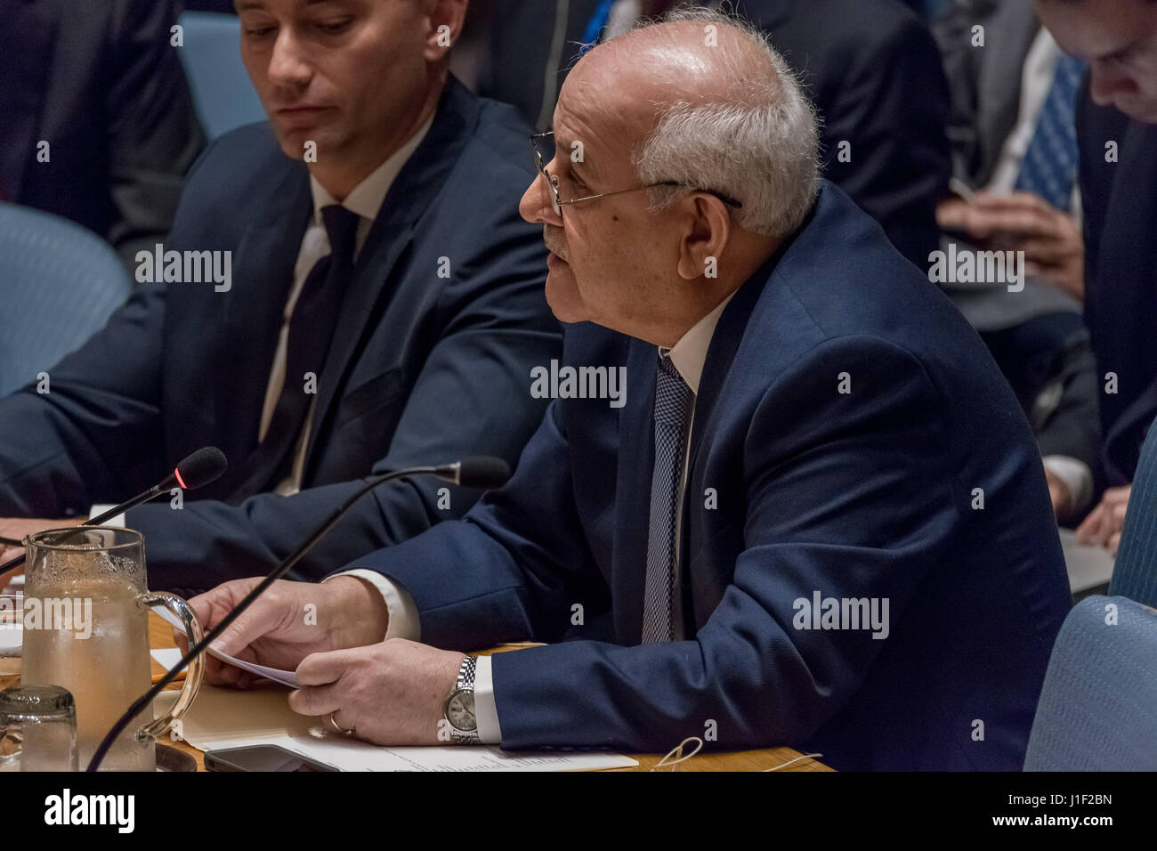 New York, USA. 20th Apr, 2017. Palestinian Permanent Observer to the UN Ambassador Riyad Mansour is seen addressing the Council. The United Nations Security Council convened an open debate on the 'the situation in the Middle East, including the Palestinian question.” At the debate preside over by US Ambassador to the UN Nikki Haley, Council members heard a briefing from Nikolay Mladenov, the UN Special Coordinator for the Middle East Peace Process. Though monthly meetings on Palestine are a standard item in the Council's programme, upon assuming Presidency of the Council at the beginning of Ma Stock Photo