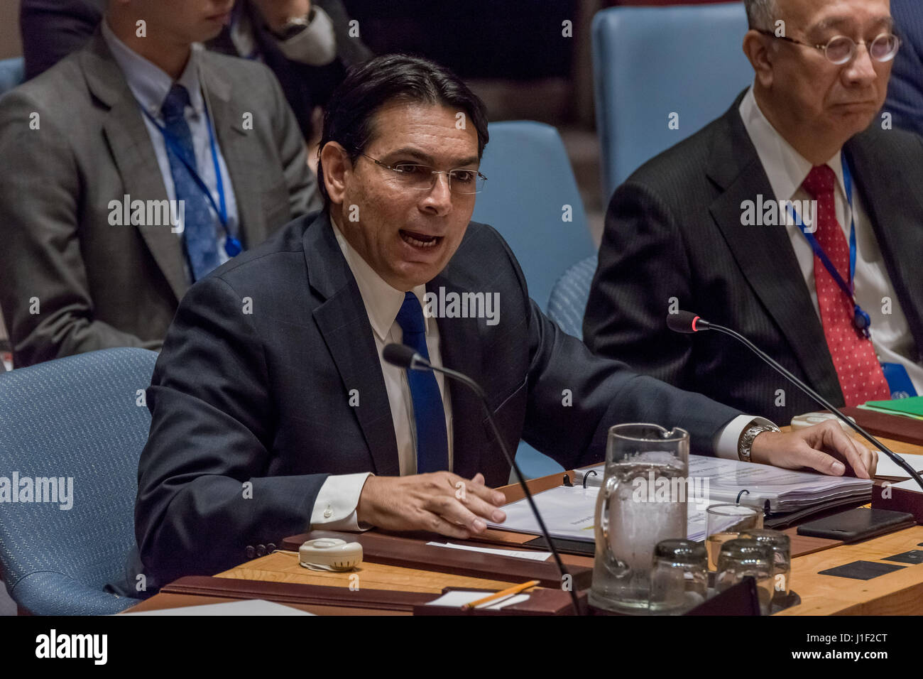 New York, USA. 20th Apr, 2017. Israeli Permanent Representative to the UN Ambassador Danny Danon is seen addressing the Council. The United Nations Security Council convened an open debate on the 'the situation in the Middle East, including the Palestinian question.” At the debate preside over by US Ambassador to the UN Nikki Haley, Council members heard a briefing from Nikolay Mladenov, the UN Special Coordinator for the Middle East Peace Process. Though monthly meetings on Palestine are a standard item in the Council's programme, upon assuming Presidency of the Council at the beginning of Ma Stock Photo
