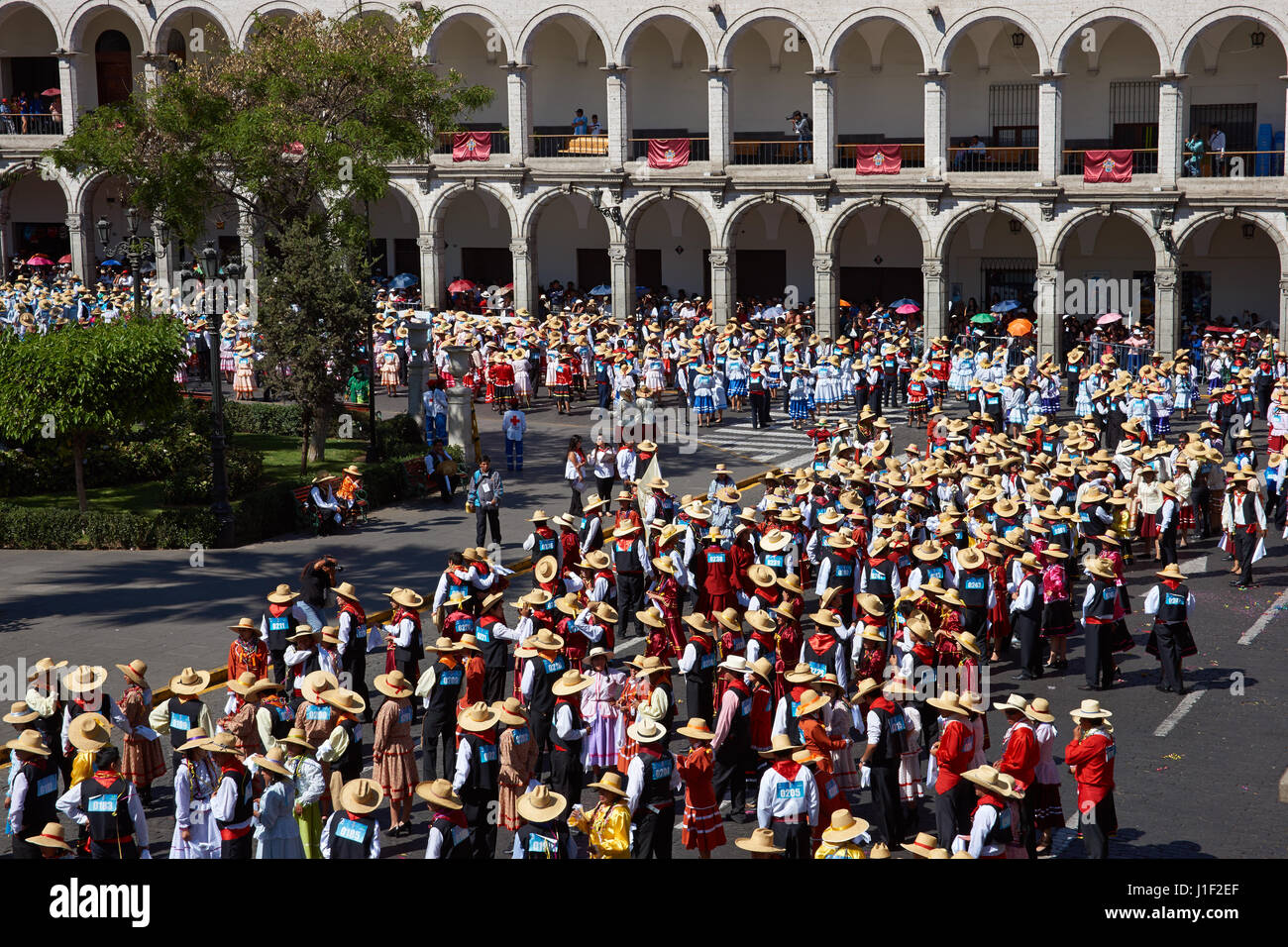 Dancers in the central square of Arequipa, Peru, taking part in the