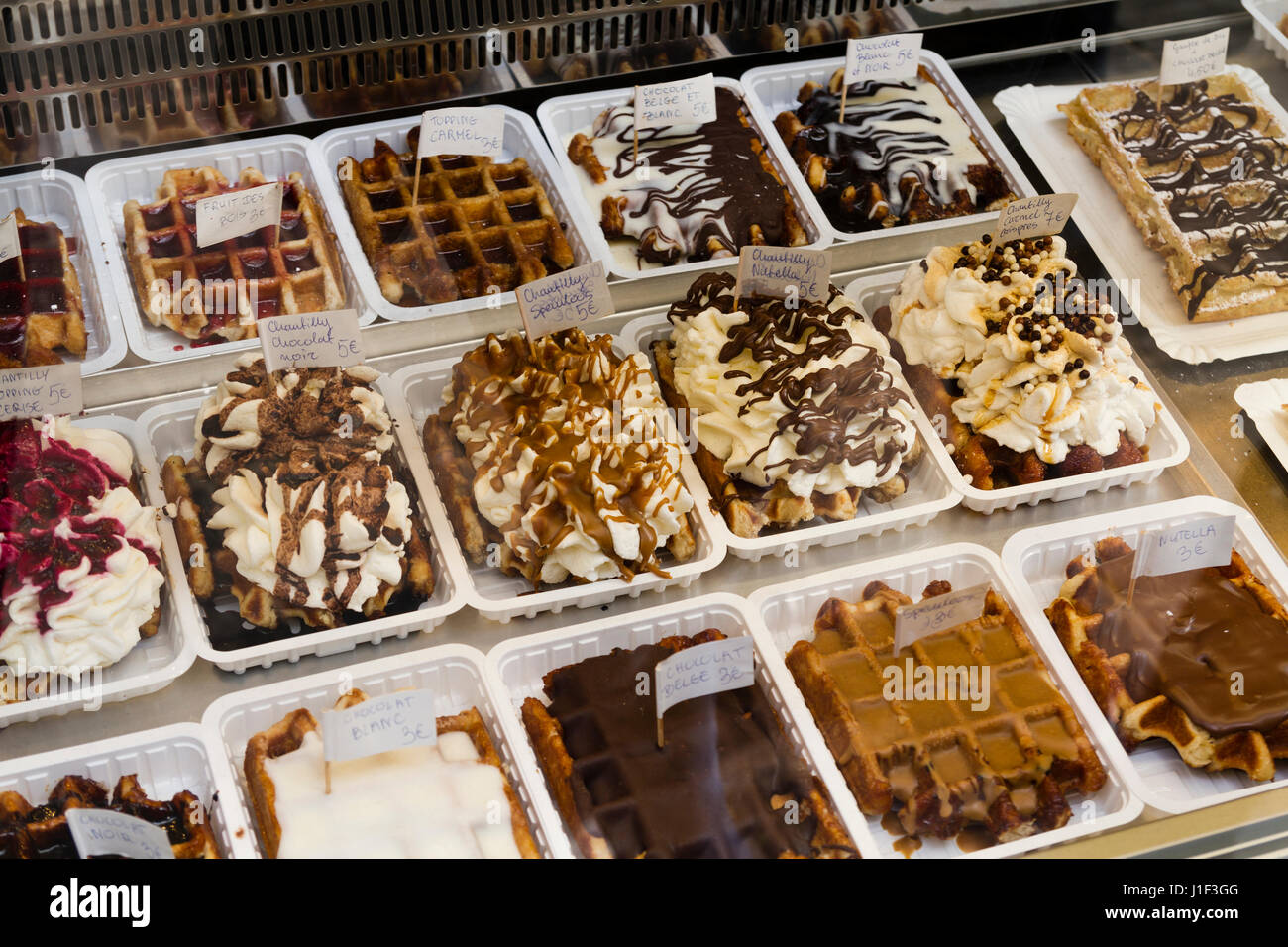 Waffles on display at a shop in Brussels city centre Stock Photo Alamy
