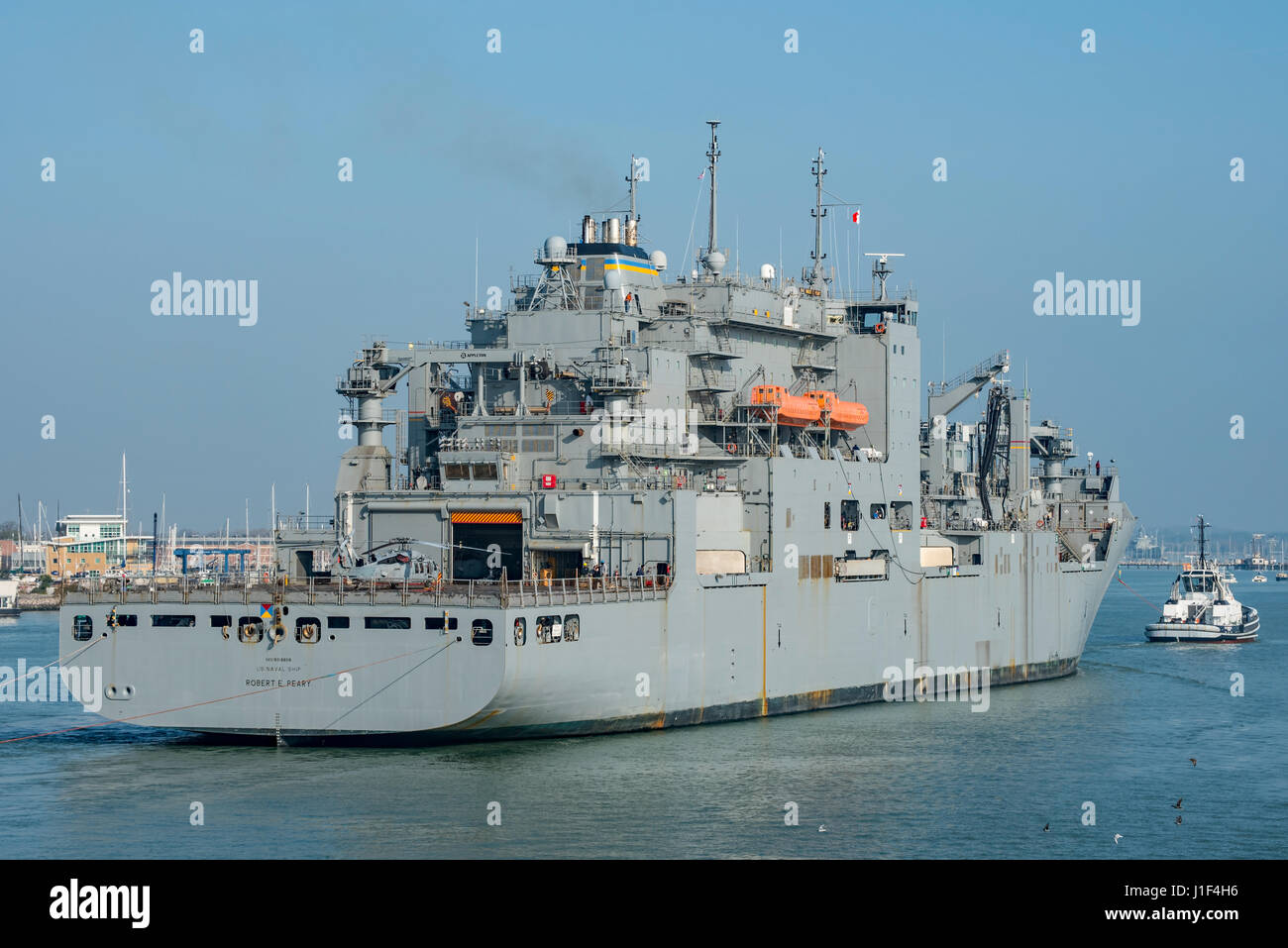 USNS Robert E Peary (T-AKE-5) a US Navy supply vessel at Portsmouth, UK on the 6th April 2017. Stock Photo