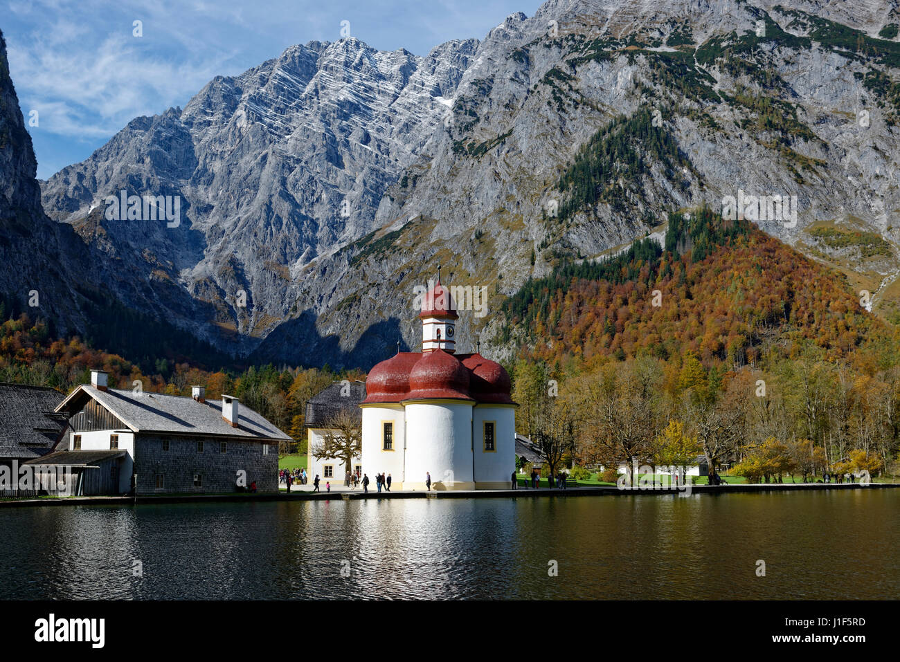 Pilgrimage church St. Bartholomä on the Königssee lake, autumn, Watzmannmassiv, National Park Berchtesgaden Stock Photo