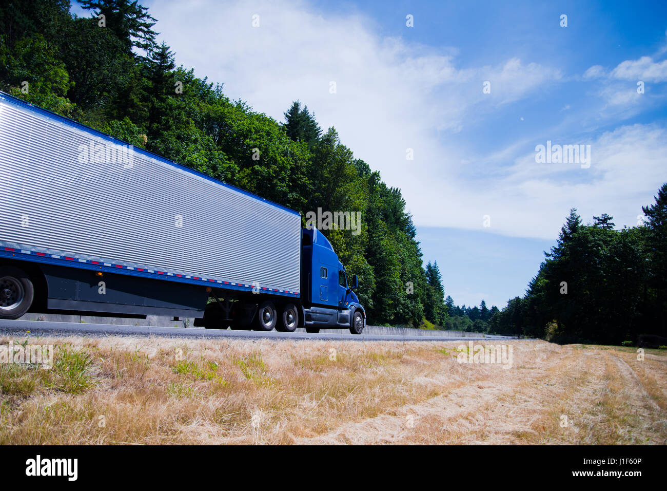 The modern model of the blue big rig semi truck with aluminum fluted corrugated refrigerator trailer speeding on a scenic green trees highway Stock Photo