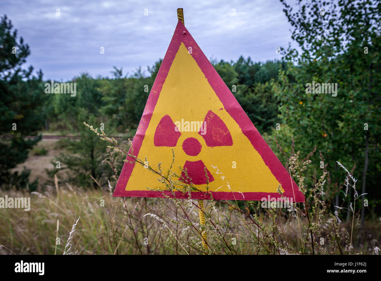 Warning sign in so called Red Forest area surrounding Chernobyl Nuclear Power Plant, Zone of Alienation, Ukraine Stock Photo