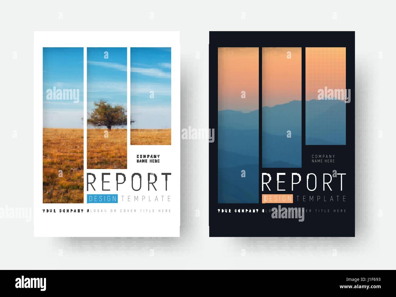 set of white and black report covers with a landscape and mountains in a minimalist style. A brochure template with rectangular elements for a photo.  Stock Vector
