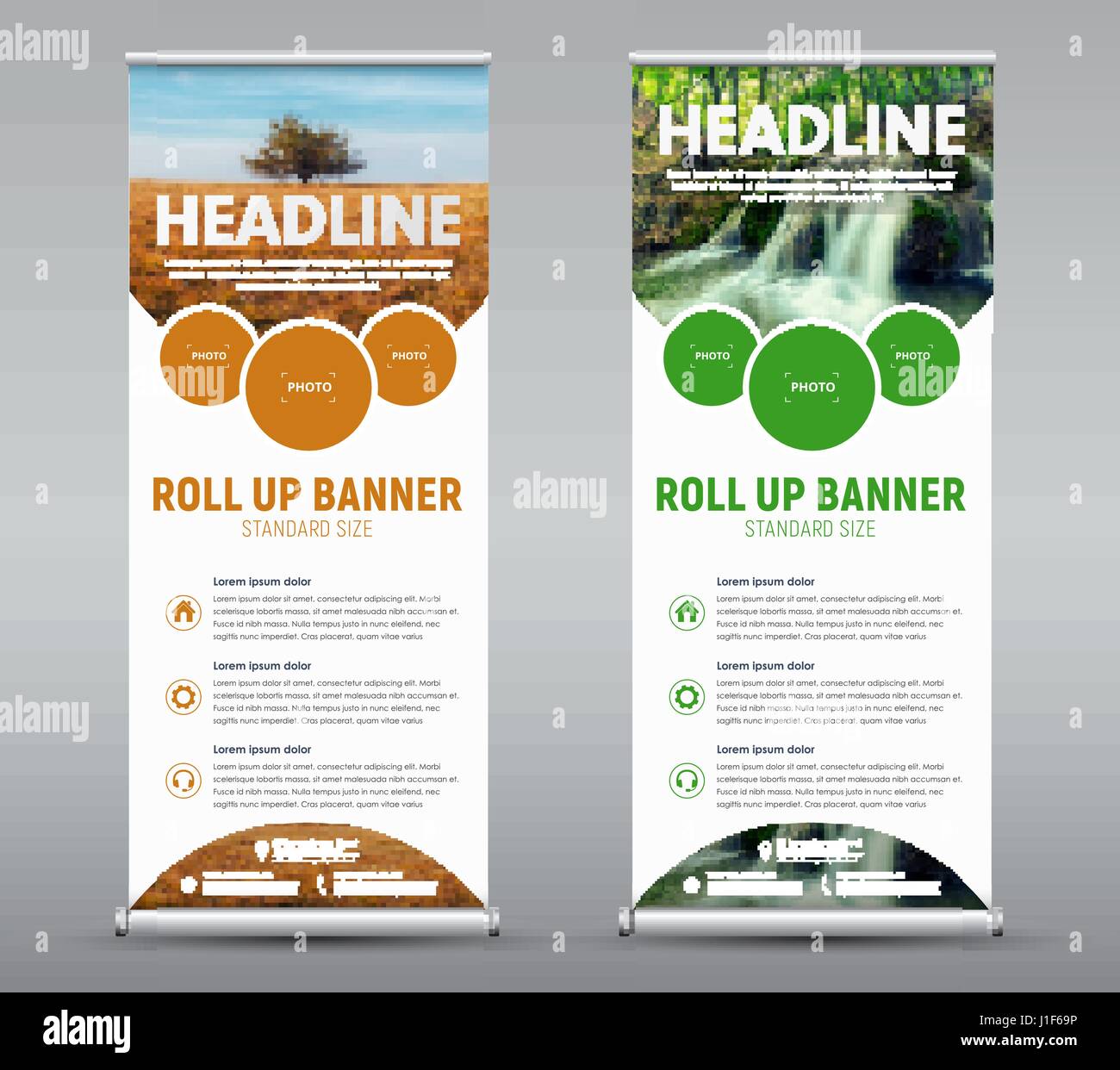 Template vertical roll up banner with round and semicircular design elements for the image. A set of brochures with a landscape and a waterfall. Vecto Stock Vector