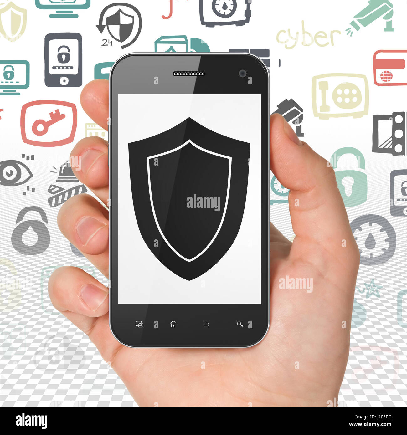 Security concept: Hand Holding Smartphone with Shield on display Stock ...