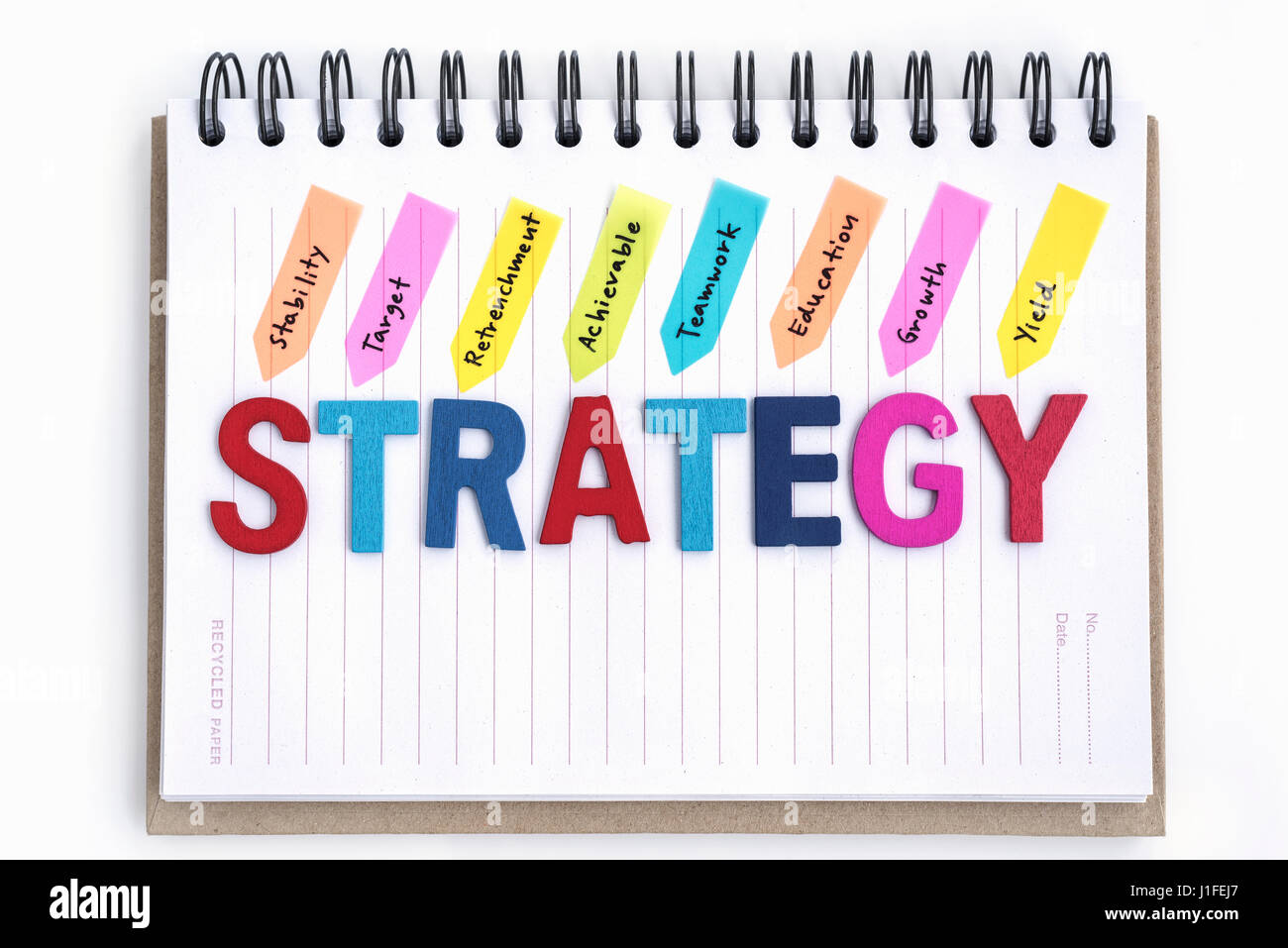 words strategy on the notebook with handwriting stability target retrenchment achievable teamwork education growth yield over white background, Busine Stock Photo