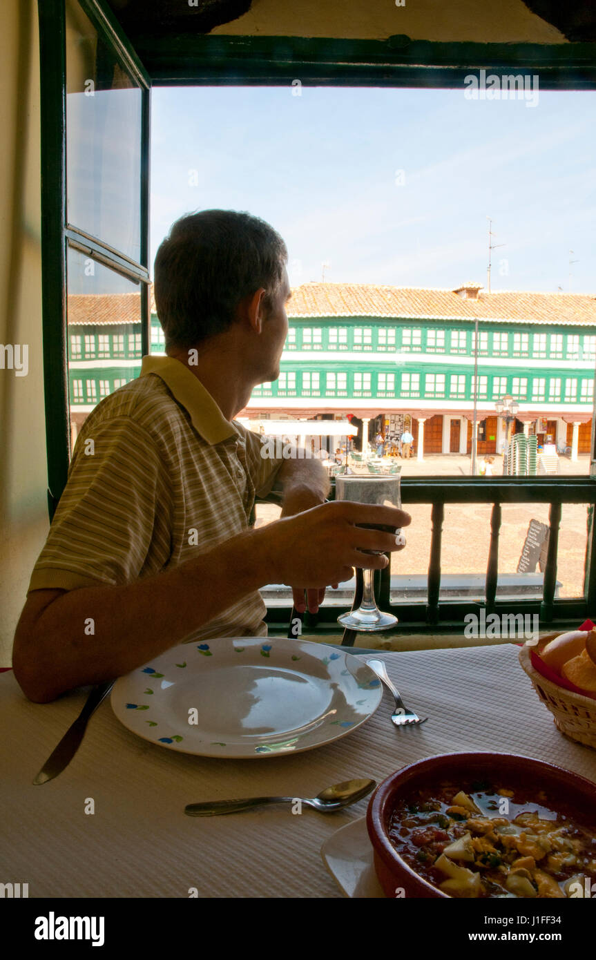 Man in a restaurant at Main Square. Almagro, Ciudad Real province, Castilla La Mancha, Spain. Stock Photo
