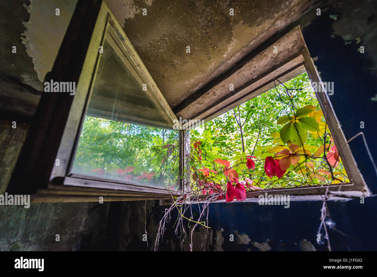 Inside the abandoned block of flats in Chernobyl-2 military base, Chernobyl Nuclear Power Plant Zone of Alienation in Ukraine Stock Photo