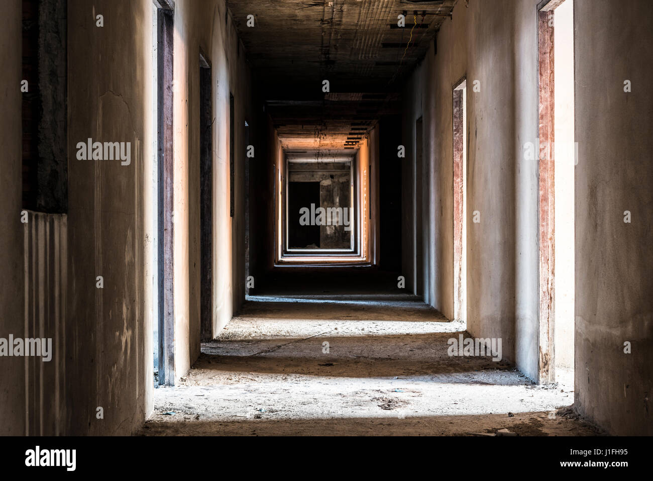 hallway in abandoned building, ghost living place, horror darkness