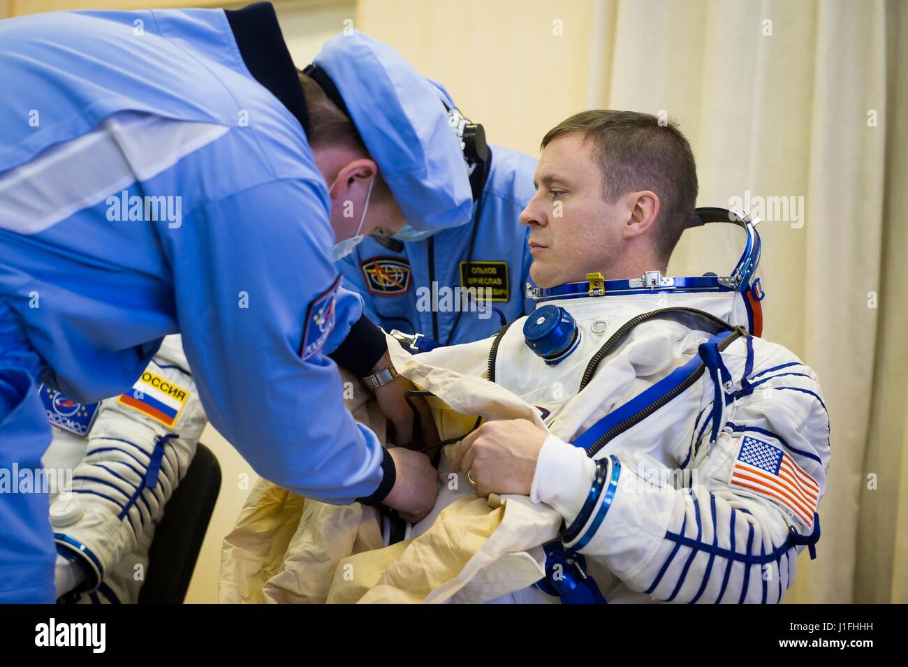 NASA International Space Station Expedition 51 prime crew member American astronaut Jack Fischer suits up for a fit check in the Soyuz MS-04 spacecraft during pre-launch preparations at the Baikonur Cosmodrome Integration Building April 6, 2017 in Baikonur, Kazakhstan.      (photo by Andrey Shelepin /NASA   via Planetpix) Stock Photo