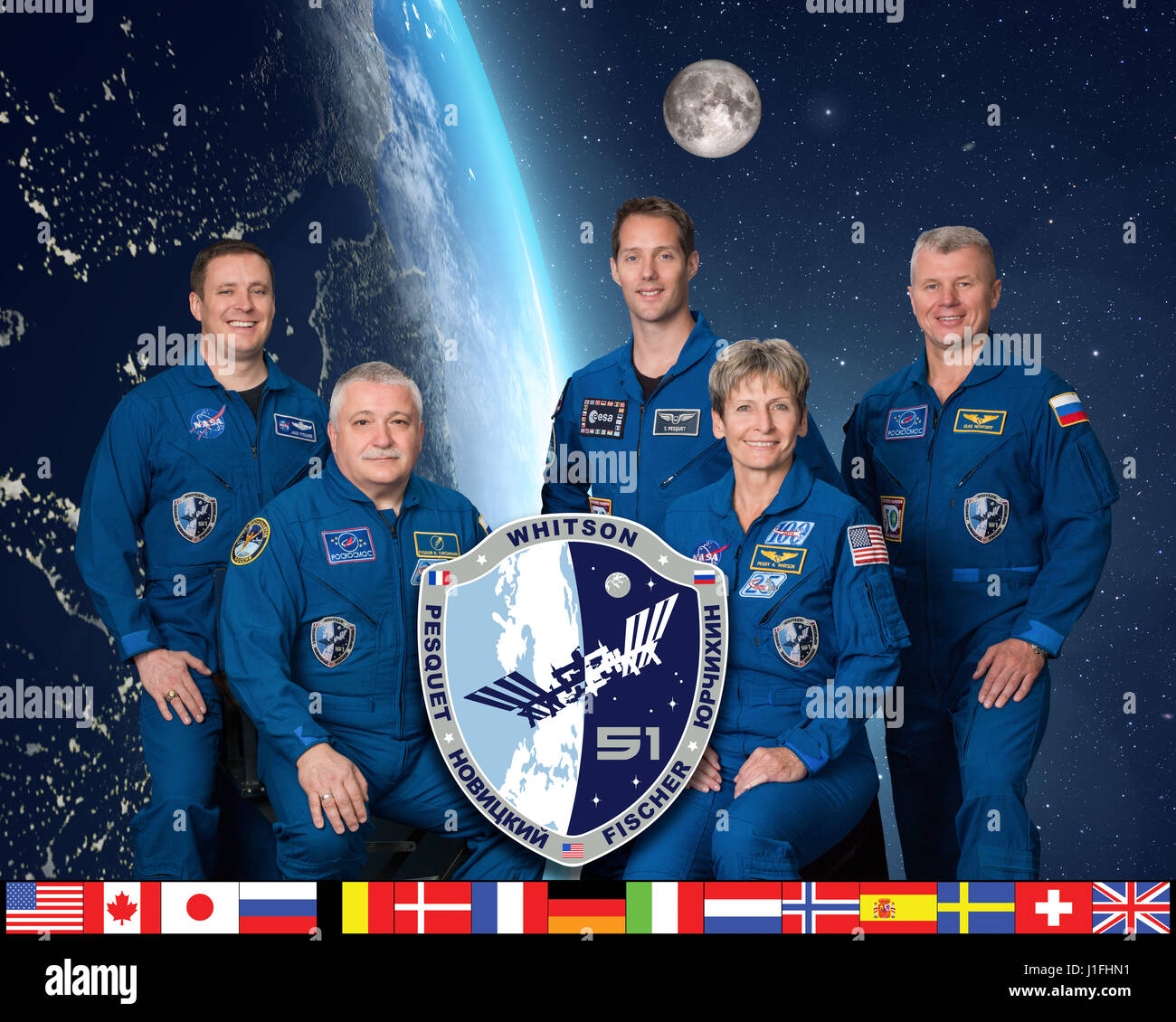 Official portrait of NASA International Space Station Expedition 51 Soyuz MS-04 mission prime crew members (L-R) American astronaut Jack Fischer, Russian cosmonaut Fyodor Yurchikhin of Roscosmos, French astronaut Thomas Pesquet of the European Space Agency, American astronaut Peggy Whitson, and Russian cosmonaut Oleg Novitskiy of Roscosmos at the Johnson Space Center February 7, 2017 in Houston, Texas.      (photo by NASA Photo/NASA   via Planetpix) Stock Photo