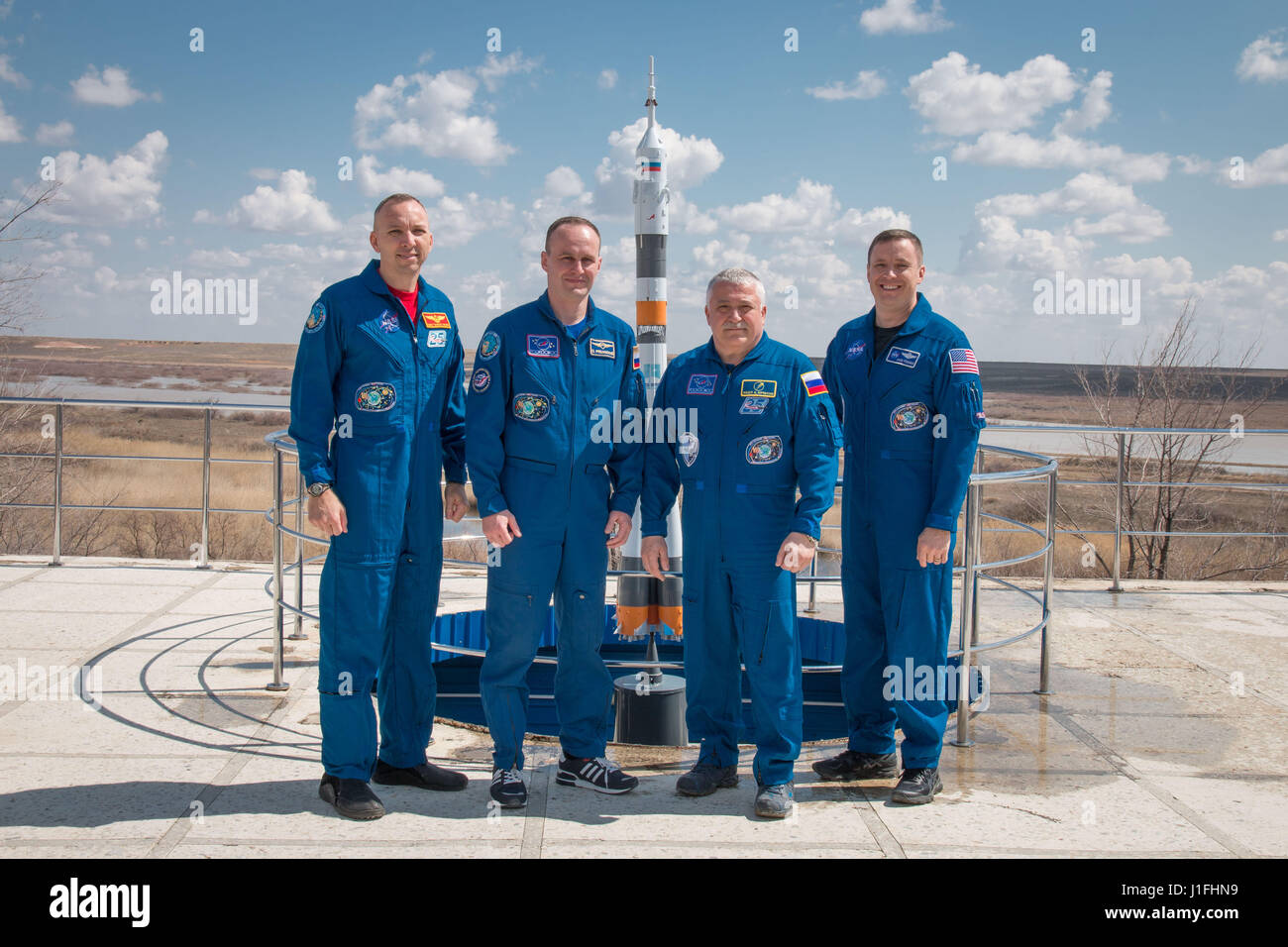 NASA International Space Station Expedition 51 Soyuz MS-04 mission prime and backup crew members (L-R) American astronaut Randy Bresnik, Russian cosmonauts Sergey Ryazanskiy and Fyodor Yurchikhin of Roscosmos, and American astronaut Jack Fischer pose for photos during pre-launch activities at the Cosmonaut Hotel April 13, 2017 in Baikonur, Kazakhstan.       (photo by Victor Zelentsov /NASA   via Planetpix) Stock Photo