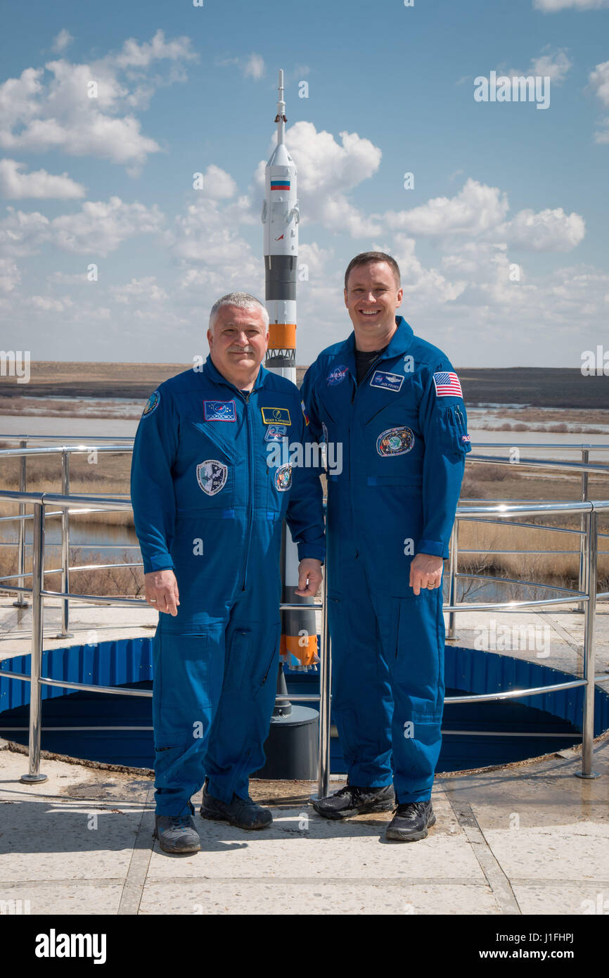 NASA International Space Station Expedition 51 Soyuz MS-04 mission prime crew members Russian cosmonaut Fyodor Yurchikhin of Roscosmos (left) and American astronaut Jack Fischer pose for photos during pre-launch activities at the Cosmonaut Hotel April 13, 2017 in Baikonur, Kazakhstan.       (photo by Victor Zelentsov /NASA   via Planetpix) Stock Photo