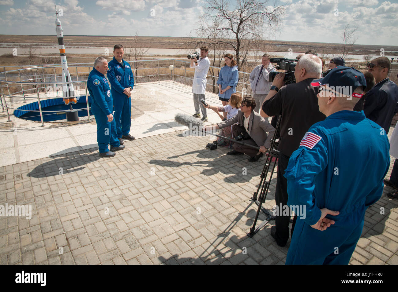 NASA International Space Station Expedition 51 Soyuz MS-04 mission prime crew members Russian cosmonaut Fyodor Yurchikhin of Roscosmos (left) and American astronaut Jack Fischer answer questions from the media during pre-launch activities at the Cosmonaut Hotel April 13, 2017 in Baikonur, Kazakhstan.       (photo by Victor Zelentsov /NASA   via Planetpix) Stock Photo
