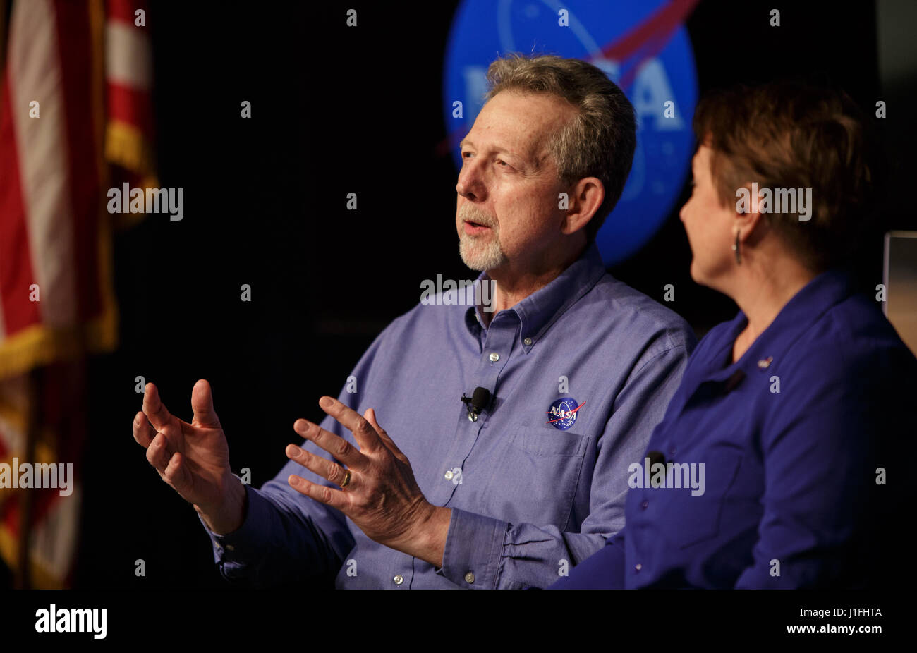 NASA Science Mission Directorate Planetary Science Division Director Jim Green (left) and NASA Headquarters Astrobiology Senior Scientist Mary Voytek discuss new findings on the moons of Jupiter and Saturn by NASAs Cassini mission researchers and the Hubble Space Telescope at the NASA Headquarters April 13, 2017 in Washington, DC.      (photo by Joel Kowsky /NASA  via Planetpix) Stock Photo