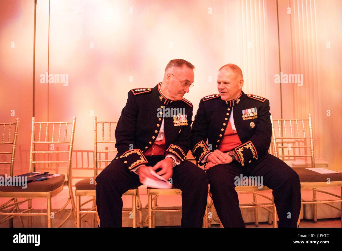 U.S. Joint Chiefs of Staff Chairman Joseph Dunford (left) and Marine Corps Commandant Robert Neller sit down for a talk during the Marine Corps Law Enforcement Foundation Semper Fidelis Gala at Cipriani Wall Street March 30, 2017 in New York City, New York.     (photo by PO2 Dominique A. Pineiro /DoD via Planetpix) Stock Photo