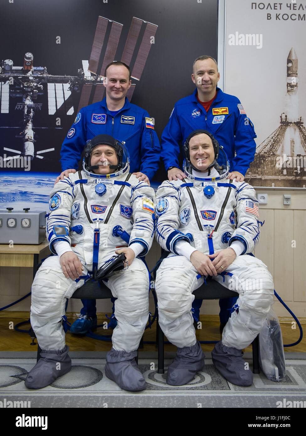 NASA International Space Station Expedition 51 prime crew members (front, L-R) Russian cosmonaut Fyodor Yurchikhin of Roscosmos, and American astronaut Jack Fischer pose with their backup crew members (back, L-R), Russian cosmonaut Sergey Ryazanskiy of Roscosmos, and American astronaut Randy Bresnik during pre-launch preparations at the Baikonur Cosmodrome Integration Building April 6, 2017 in Baikonur, Kazakhstan.       (photo by Andrey Shelepin /NASA   via Planetpix) Stock Photo