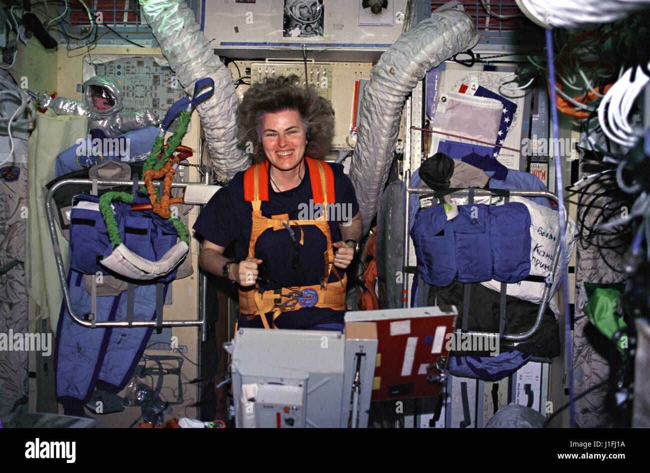 NASA astronaut Shannon Lucid exercises on a treadmill aboard the Russian Mir space station Base Block module March 28, 1996 in Earth orbit.   (photo by NASA Photo /NASA   via Planetpix) Stock Photo