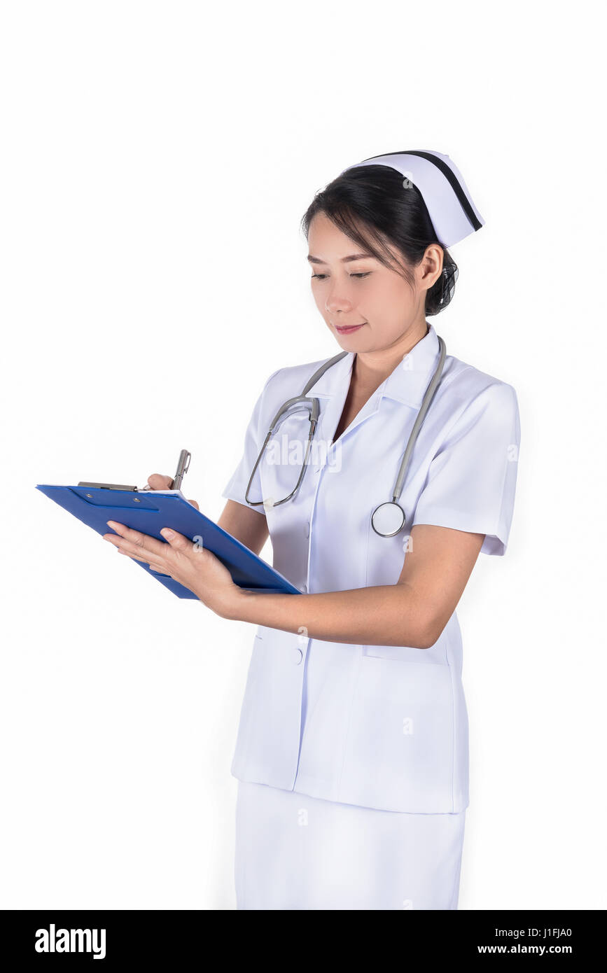 https://c8.alamy.com/comp/J1FJA0/nurse-in-uniform-writing-paper-on-white-background-healthcare-and-J1FJA0.jpg