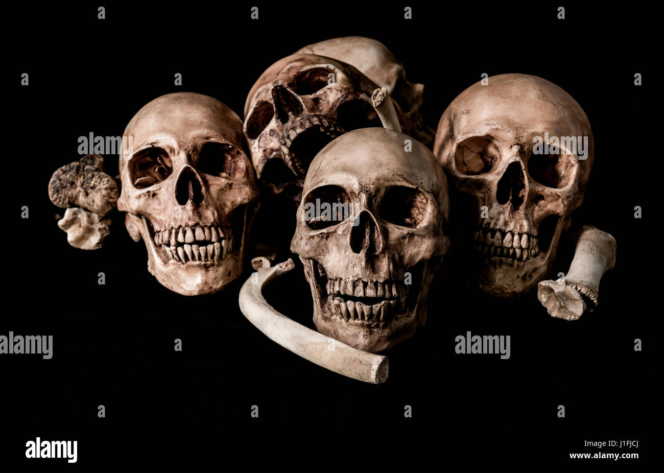 Still life human skull and bones, genocides concept and horror darkness Stock Photo