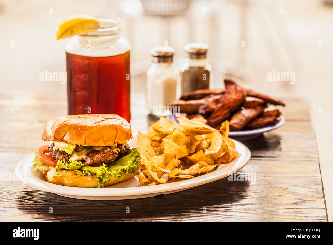 hamburger, fries and ice tea Stock Photo