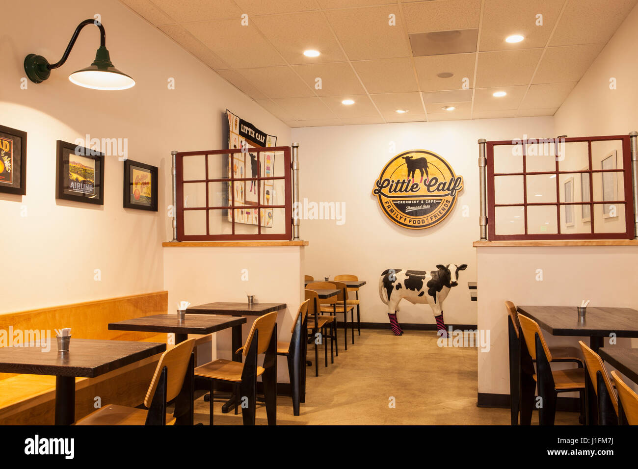 mascot calf and interior, Little Calf Creamery and Cafe, Thousand Oaks